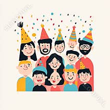 Cheerful friends celebrating a birthday party with confetti and party hats a flat vector
