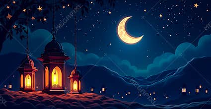 Traditional Ramadan Lantern with Warm Light under Crescent Moon at Night, Peaceful Islamic Atmosphere