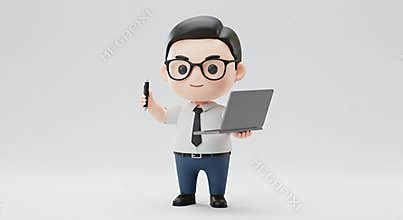3D Rendered Cartoon Businessman with Laptop and Smartphone Isolated on White Background