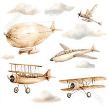 Clip art illustration featuring vintage airplanes and hot air balloons in watercolor style