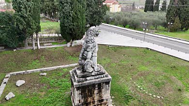 Aerial view of The Lion of Heronia in Greece erected in honor of the Sacred Band of Thebes, Cheronia