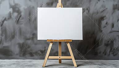 Canvas On Grey Wooden Easel Showcasing A Blank Canvas Resting On A Wooden Easel Against A Grey