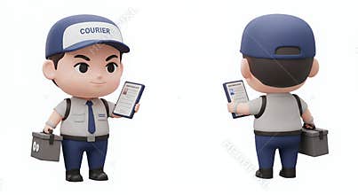 3D Render of a Cute Chibi Technician Character Holding a Clipboard and Toolbox, Isolated on White Background