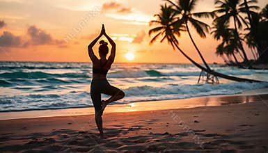 Young woman practicing yoga on the beach at sunset. The sun is setting on the horizon over the ocean