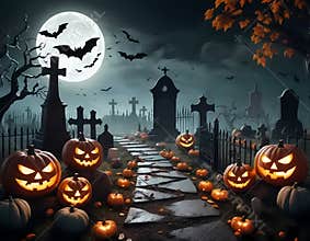 The scattered scarry pumpkins on a grave, under a bright full moon, with flying bats around, and trees, horor scenery