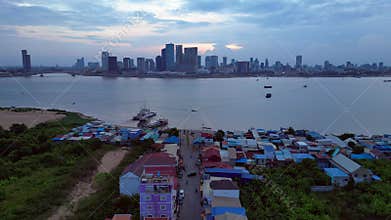 Rural village at Mekong River, Phnom Penh. Magic aerial view flight drone