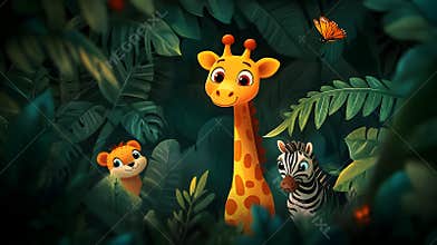 Cartoon giraffe, lion cub, and zebra in jungle setting with butterfly