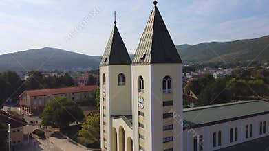 Close up aerial view of the church of Medjugorje