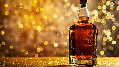 Scotch whiskey or brandy bottle, alcohol drink isolated on the table with luxury golden background and copy space