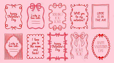 Valentines Day Card Set. Romantic greeting cards or love letters with adorable borders with bows and pink ribbons