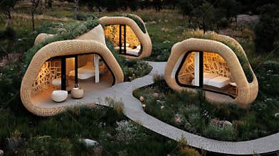 Modern Eco Friendly Architecture Showcases Innovative Biomaterials and Designs Within a Lush Green Landscape for a