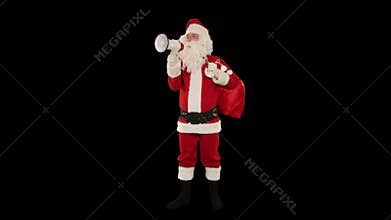 Santa Claus with a loudspeaker making an announcement, against black, stock footage