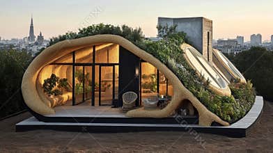 Innovative Eco Friendly Architecture Showcases Biomaterials and Greenery in a Vibrant Urban Landscape Generative AI
