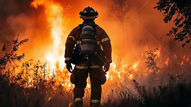 Courageous Firefighter Faces Wildfire Flames with Determination, Battling Smoke in Emergency Situation