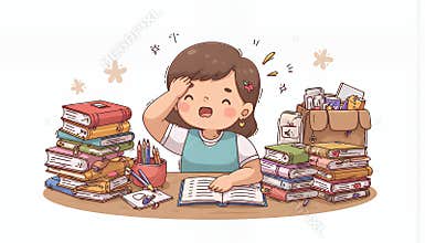 Cute Chibi Girl Overwhelmed by Books at Her Desk
