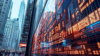 Giant stock market ticker illuminates city streets as financial news updates capture attention