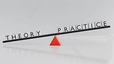 The relationship between \"THEORY\" and \"PRACTICE\" using a seesaw metaphor