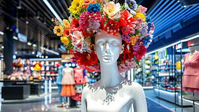 Mannequin adorned with a bright floral headdress stands in a stylish store filled with trendy clothing and accessories