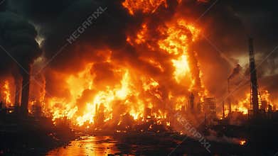 A city engulfed in flames during a devastating fire