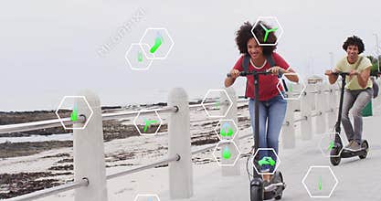 Riding electric scooters, people with environmental data animation over coastal pathway
