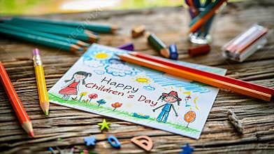 Colorful drawing with crayons and a card celebrating Happy Childrens Day