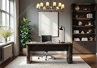 Modern Home Office with Wooden Desk, Bookshelf, and Warm Lighting