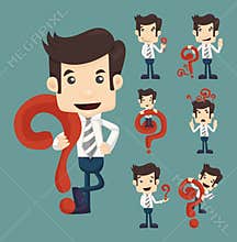 Set of businessman characters poses with question marks