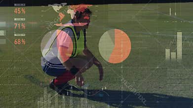 Analyzing sports performance data animation over athlete crouching on grass field