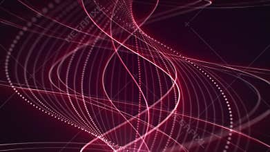 Looped background with abstract form made of elegant curvy lines and bright dots with glow effect