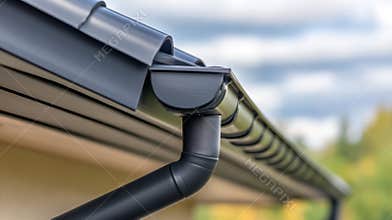 Rain gutter efficiently draining rainwater from the roof on a cloudy day, highlighting essential plumbing and drainage