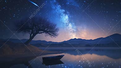The scene depicts a tranquil lake under the light of the moon, with a boat, a tree, and a shooting star set amidst a