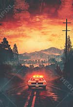 Retro police car chasing on an empty road at sunset
