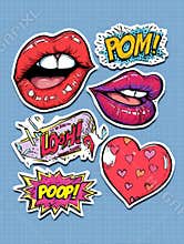 Pop Art Stickers Featuring Lips, Comic Text, and Hearts on a Blue Background Perfect for Creative Projects and Design