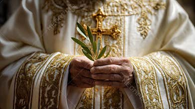 Pope in Vatican ornate robes holds cross and olive branch, symbolizing faith and peace as peacemaker. Gesture captures