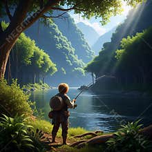An AI generated image of a lone medieval fantasy vagabond fishing in a alpine lake