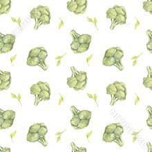 Light green watercolor broccoli florets with scattered leaves in a seamless pattern. Garden vegetables clipart for childrens food