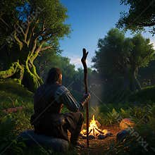 AI image of a solitary medieval fantasy wanderer resting by a campfire in forested wilderness in afternoon