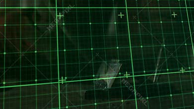 on startup scan line moving leftward across metal fragment under green grid for defect detection