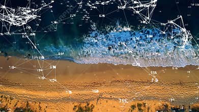 Drone capturing waves meeting sandy shore driving live numeric updating in tech mesh for monitoring