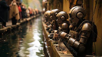 Armored Robots by the Riverside Market Ai Generative