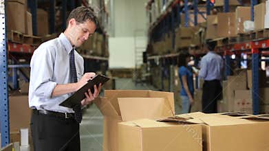Businessman Checking Box Detail With Clipboard