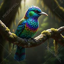 An AI generated image of colorful bird perching on a branch in forest