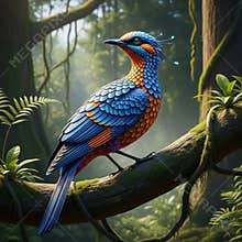 An AI generated image of colorful bird perching on a branch in forest