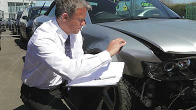 Loss Adjuster Inspecting Car Involved In Accident