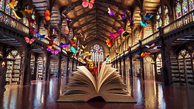 Open book releases colorful butterflies in enchanted library