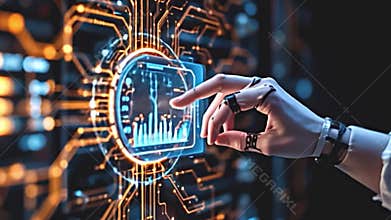 A network of glowing connections emanates from a central processing unit, converging onto a holographic Generative AI