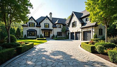 Luxury home features stone facade, manicured green lawn, driveway with stone pavers, landscaping. Modern design elegance, upscale