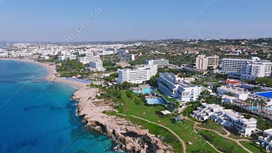 Aerial View of Ayia Napa resorts, coastline, and Mediterranean landscape