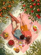 Couple Enjoying a Picnic on a Blanket Surrounded by Fruits and Lush Greenery in a Sunny Outdoor Setting