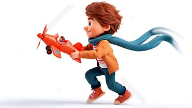 3D child running with toy airplane in slow motion. 4K.